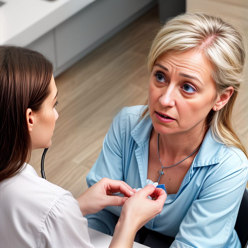 Image of mom sitting in a doctor's office worried looking at doctor.