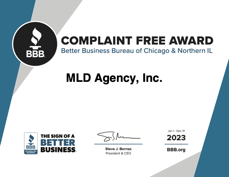 MLD Agency receiving the 2023 Complaint Free Award from the Better Business Bureau